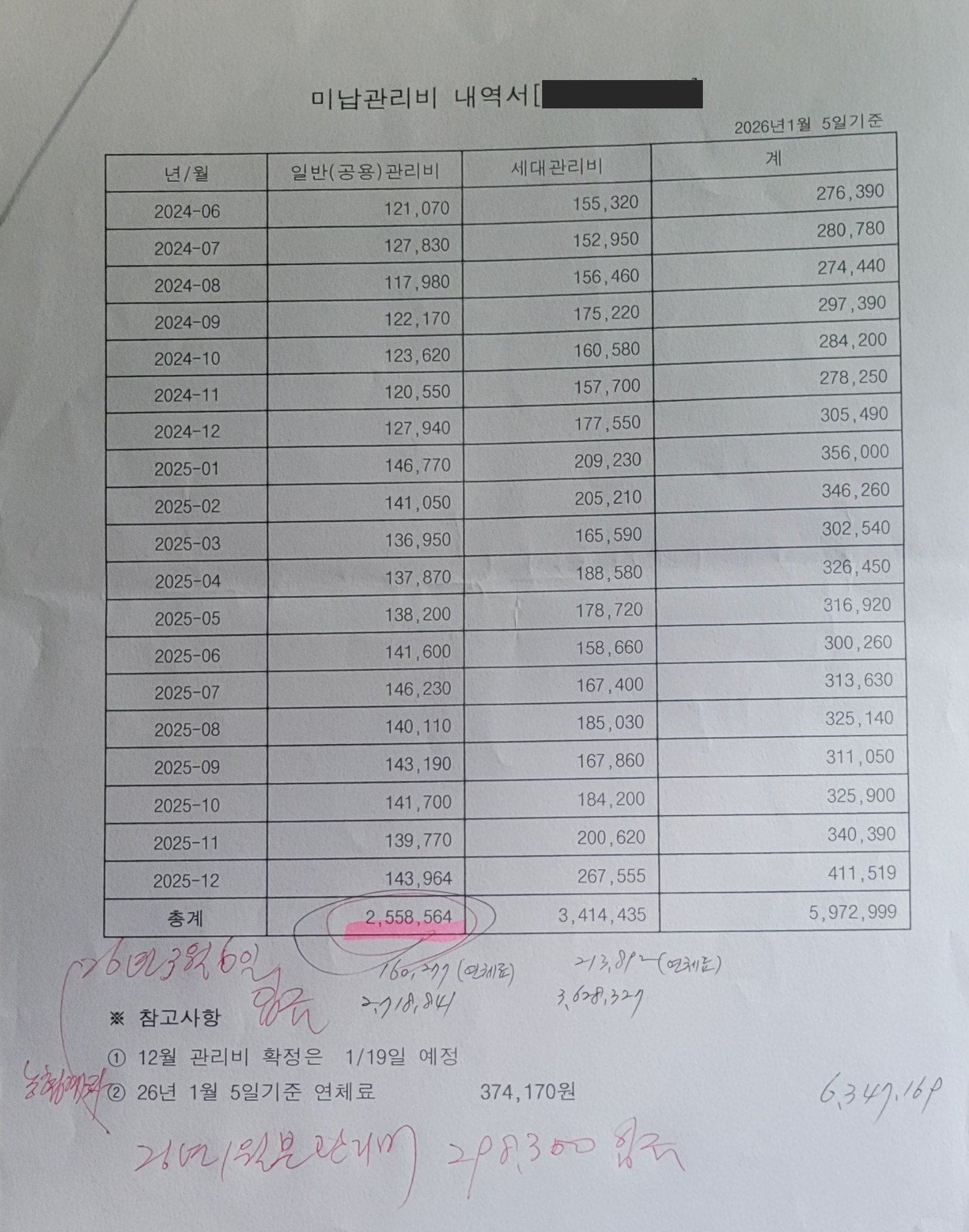 관리사무소 미납관리비 내역서. 월별 일반(공용) 관리비와 세대 관리비가 구분되어 있다