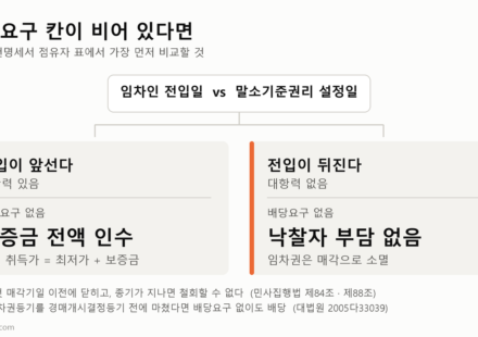 임차인의 배당요구 칸이 비어 있을 때 판단 순서를 보여주는 도표. 임차인 전입일이 말소기준권리 설정일보다 앞서 대항력이 있으면 보증금 전액을 낙찰자가 인수하고, 뒤서 대항력이 없으면 임차권이 소멸해 낙찰자 부담이 없다.