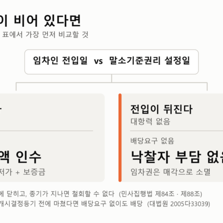 임차인의 배당요구 칸이 비어 있을 때 판단 순서를 보여주는 도표. 임차인 전입일이 말소기준권리 설정일보다 앞서 대항력이 있으면 보증금 전액을 낙찰자가 인수하고, 뒤서 대항력이 없으면 임차권이 소멸해 낙찰자 부담이 없다.