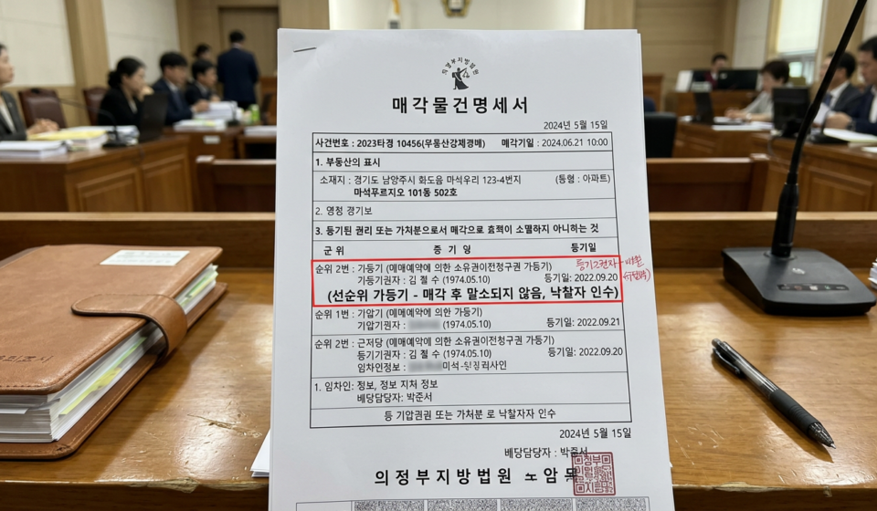 매각물건명세서에서 매각으로 소멸하지 않는 권리 항목을 확인하는 모습